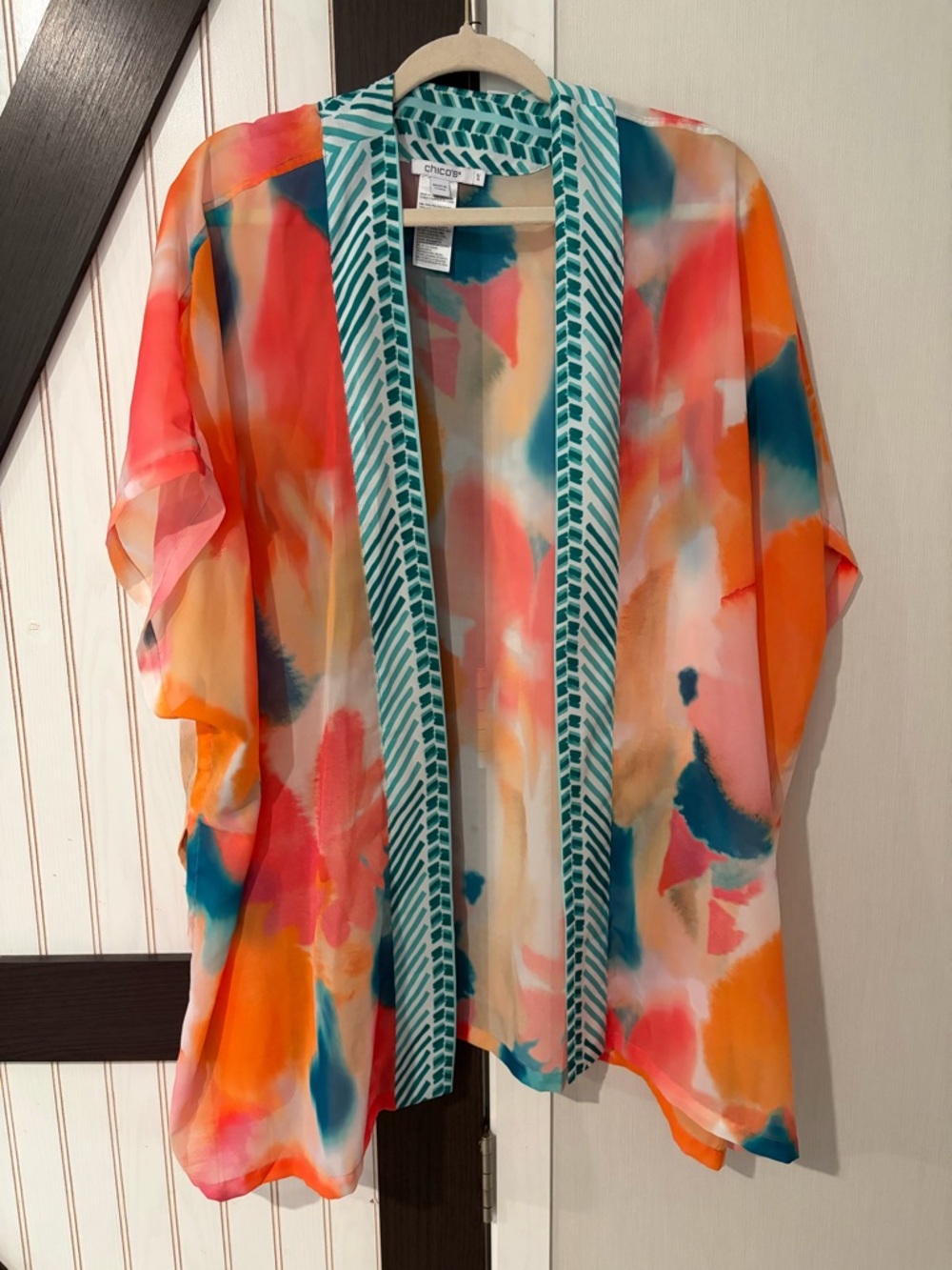 Chico's Multicolor Watercolor Open-Front Kimono with Teal Trim
